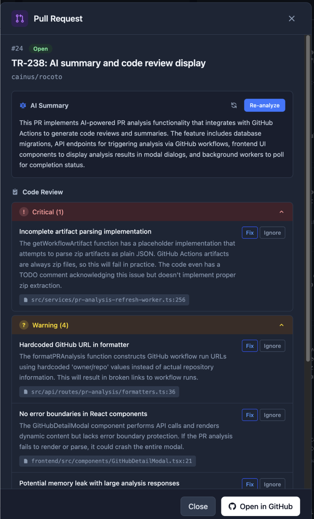 AI-powered PR review showing summary and code review issues